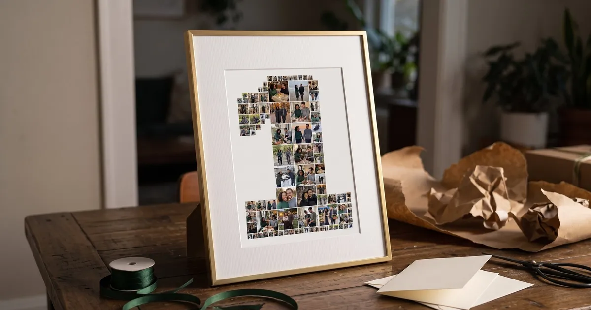 Number 1 photo collage of a couple’s first year together, framed as an anniversary gift