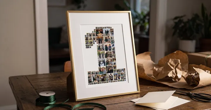 Number 1 photo collage of a couple’s first year together, framed as an anniversary gift