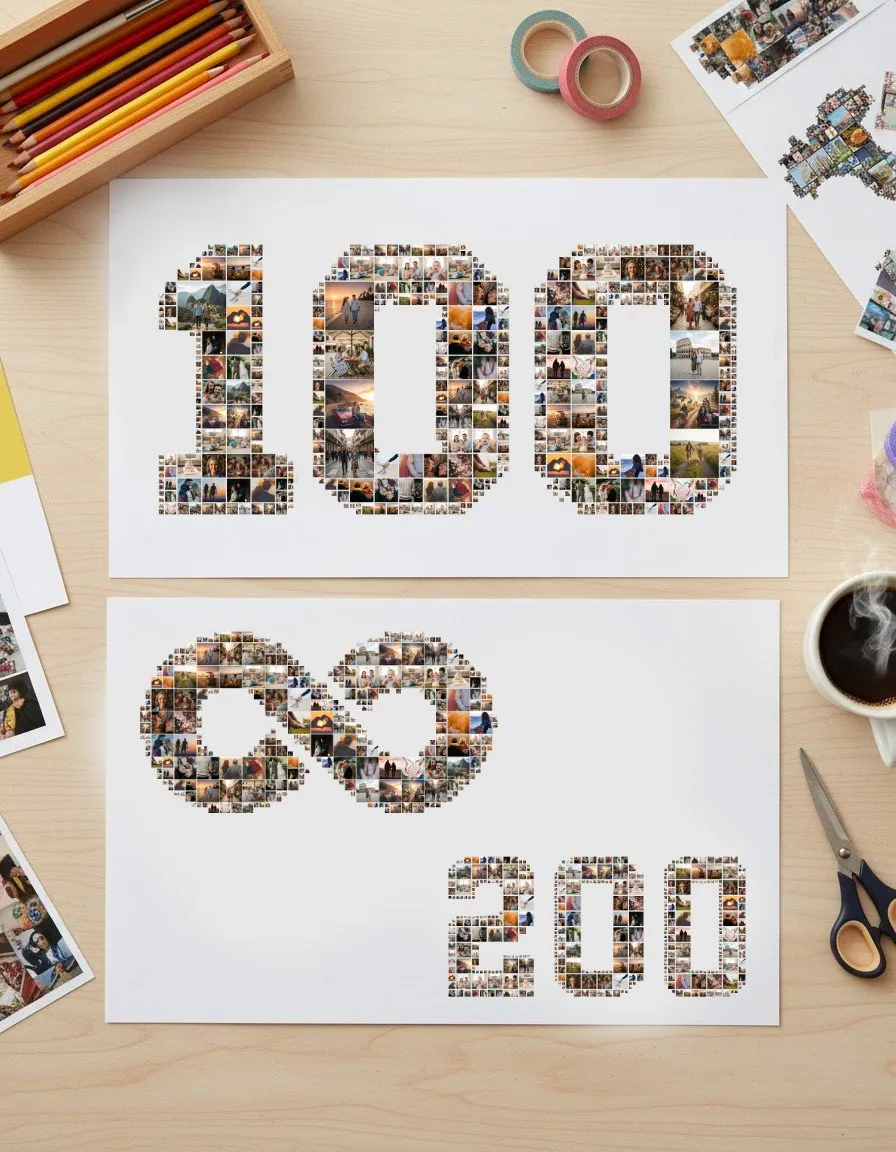 Creative photo collage ideas, including the number 100, an infinity symbol, and 200, all made from dozens of small pictures.