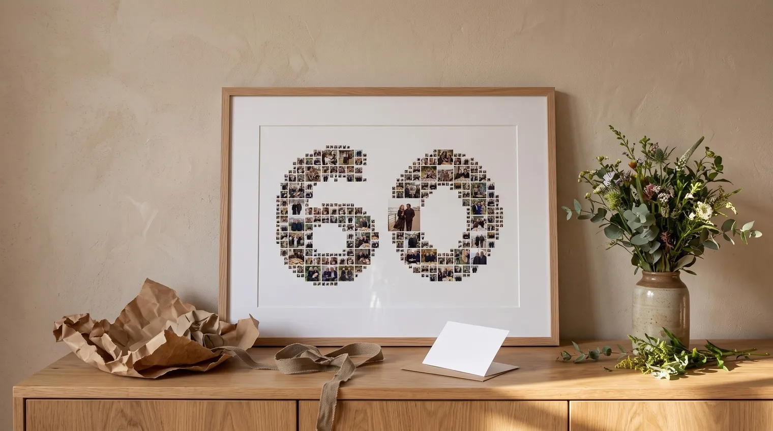 Framed number 60 photo collage on a sideboard next to wrapping paper and flowers