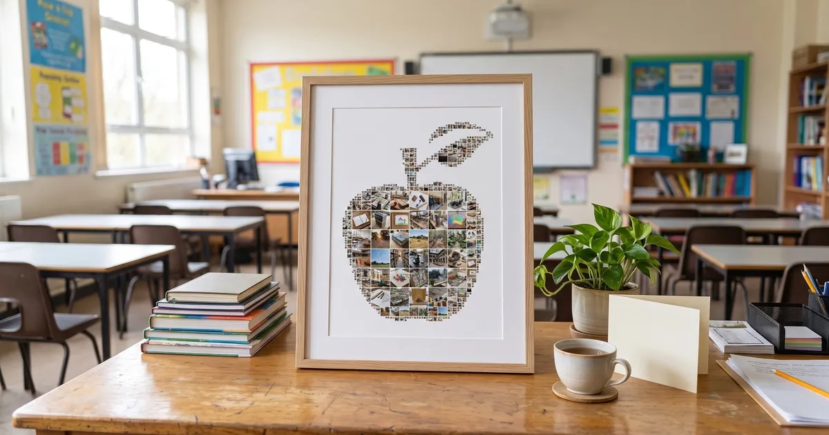 An apple-shaped photo collage in a light oak frame on a teacher desk next to a plant, a cup of tea and a blank card