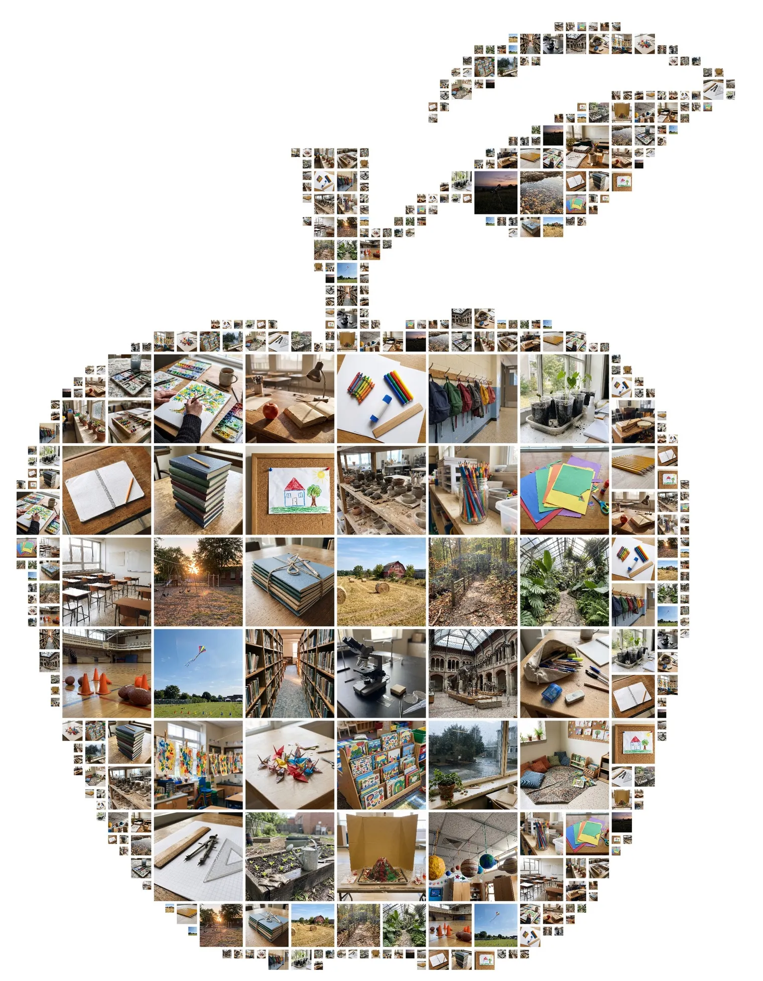 Apple-shaped photo collage made from small photos of classroom objects, artwork and field-trip scenery