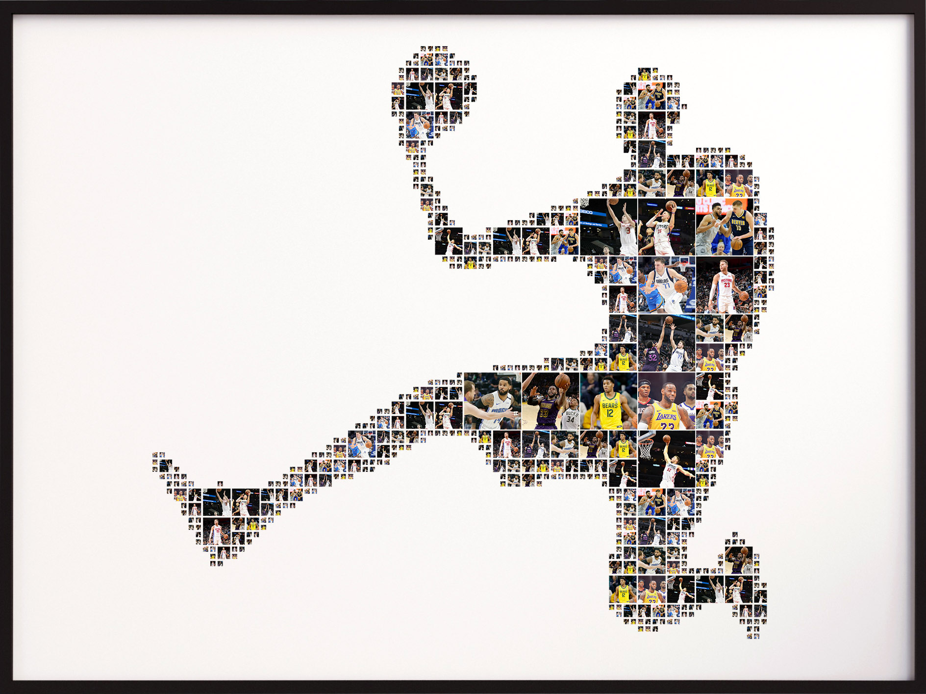 A shape collage of a basketball player dunking, made from sports photos.