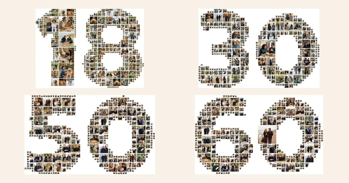 Number 18, 30, 50 and 60 birthday photo collages in a grid, each filled with small photos