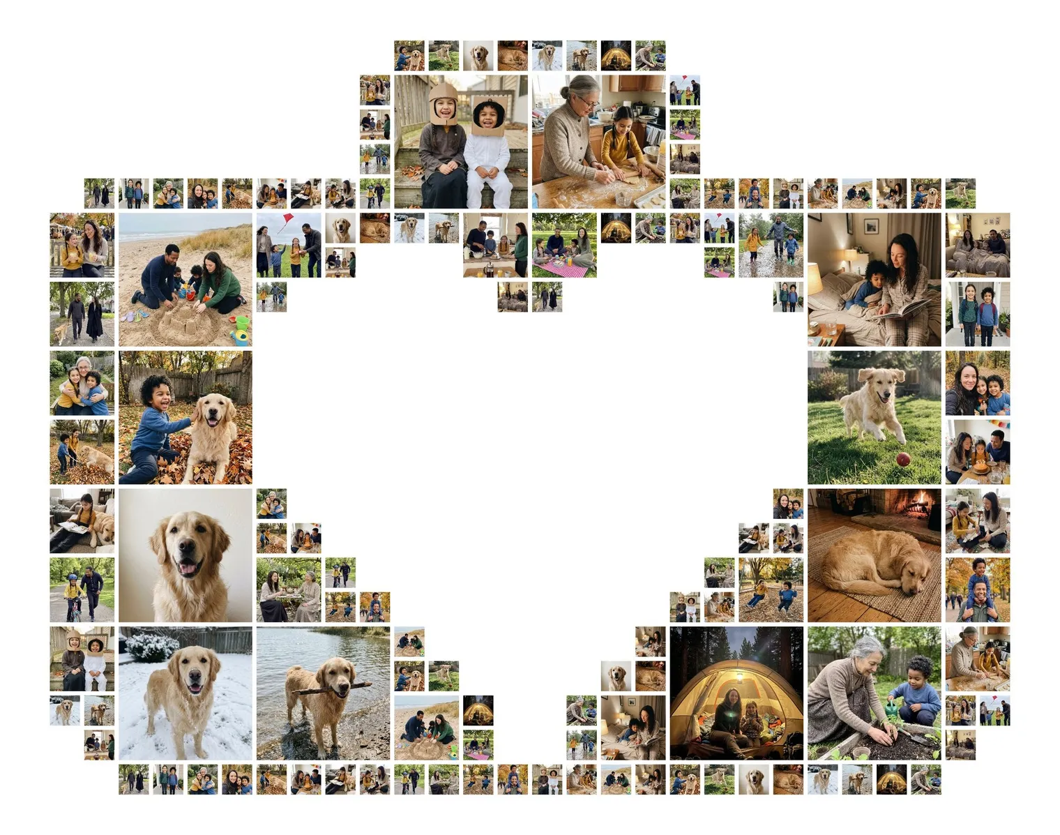 Photo collage in the shape of a camera with a heart-shaped lens