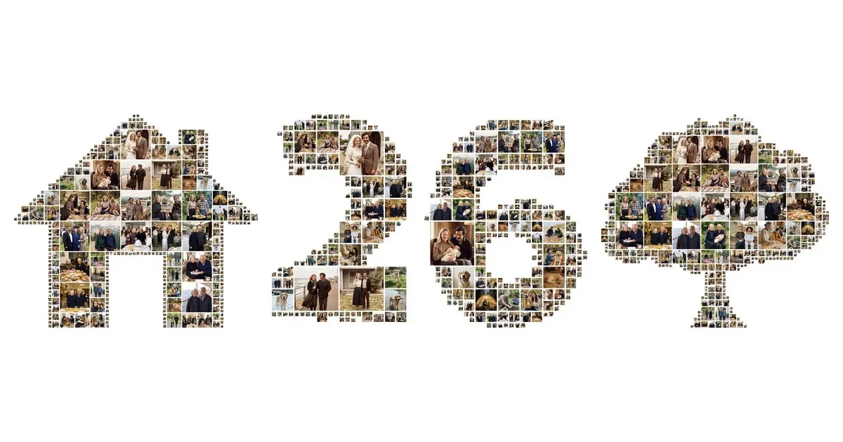 Three shaped photo collages for a wall: a house, the number 26 and a tree, each filled with family photos