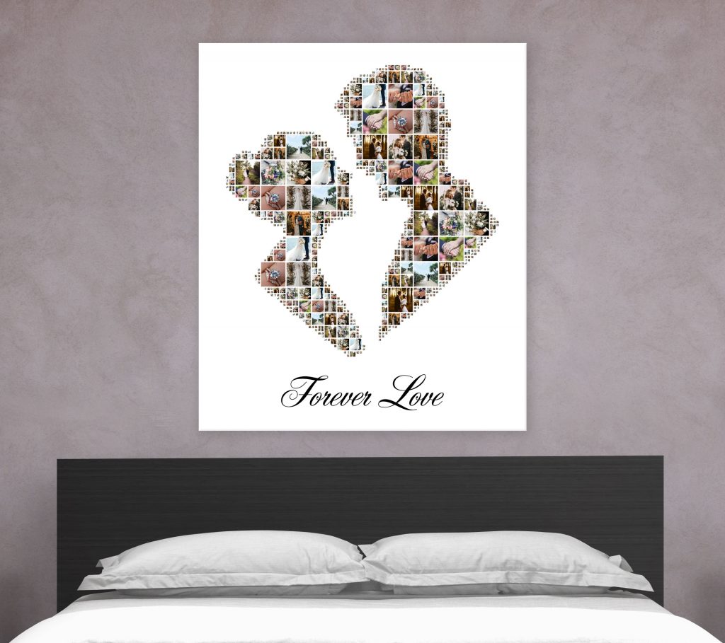 A finished, framed heart shape photo collage of wedding memories, displayed elegantly on a bedroom wall.