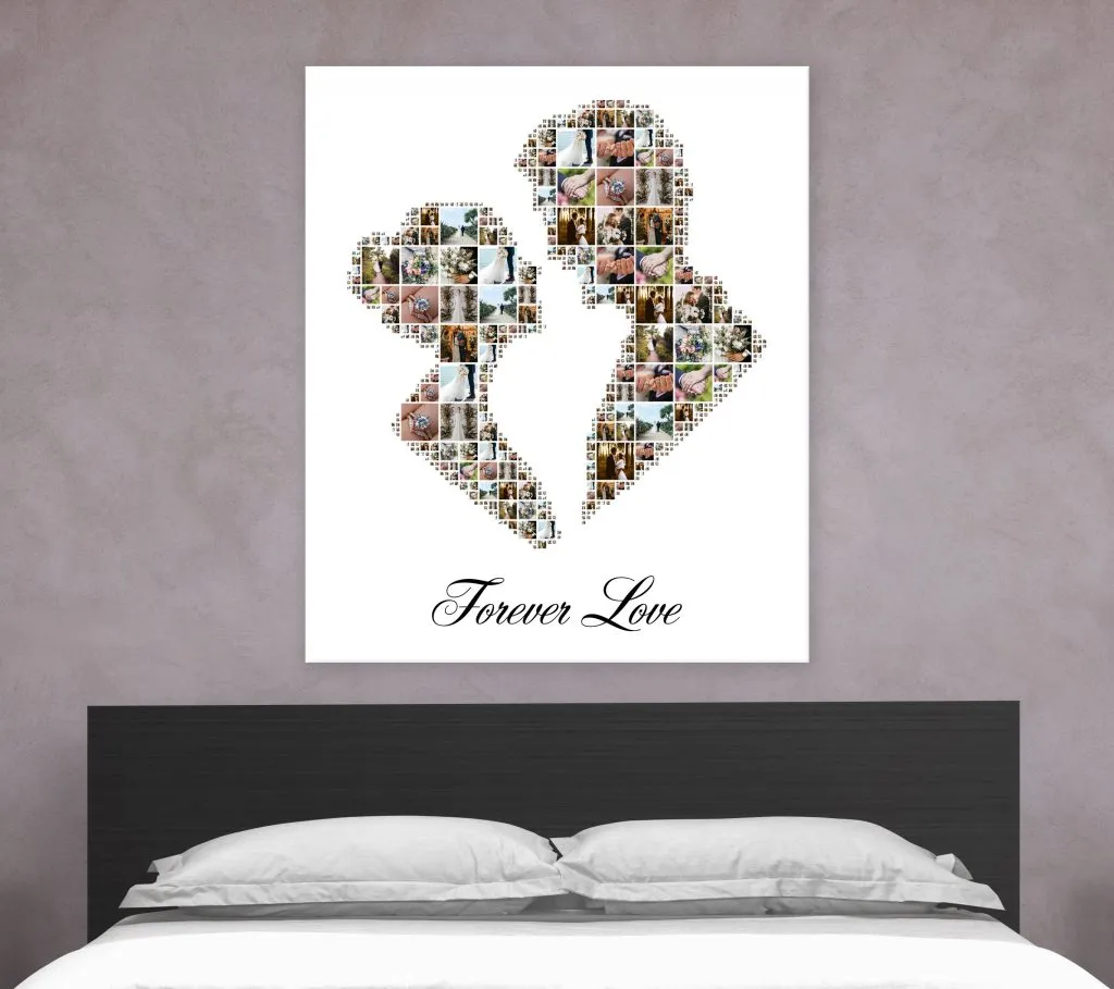 A finished, framed heart shape photo collage of wedding memories, displayed elegantly on a bedroom wall.