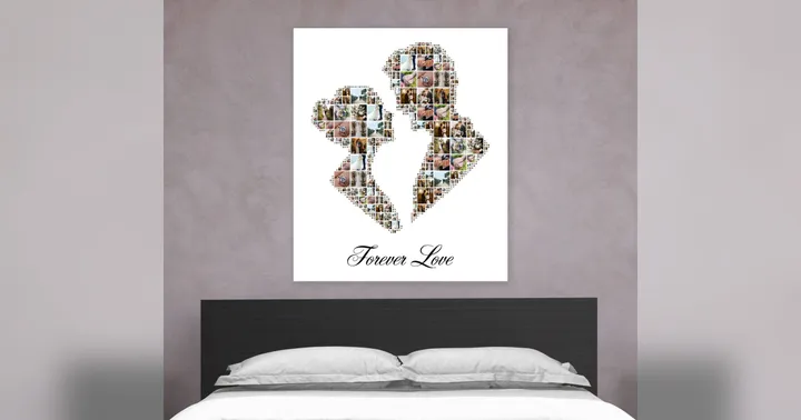 Kissing couple silhouette photo collage made of wedding photos with the words Forever Love, framed above a bed