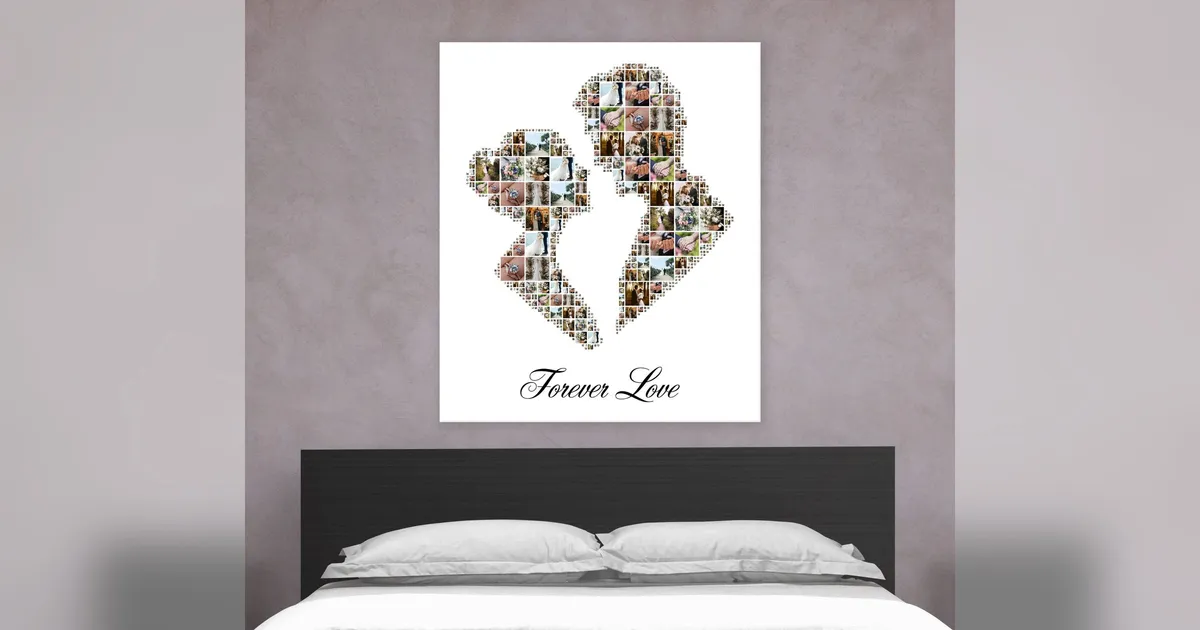Kissing couple silhouette photo collage made of wedding photos with the words Forever Love, framed above a bed