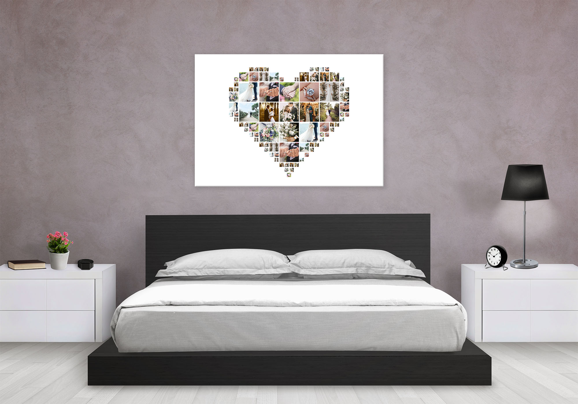 Creative idea for displaying a wedding photo collage in a cozy bedroom setting.