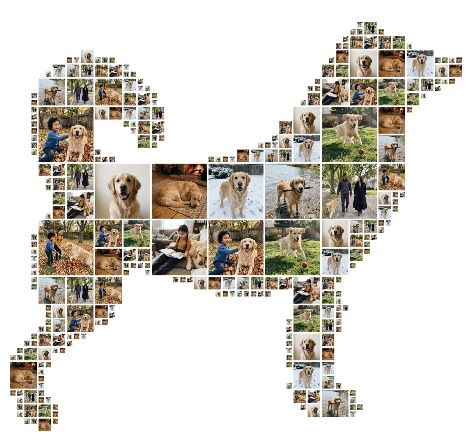 Dog-shaped photo collage of a golden retriever, a gift for a pet lover