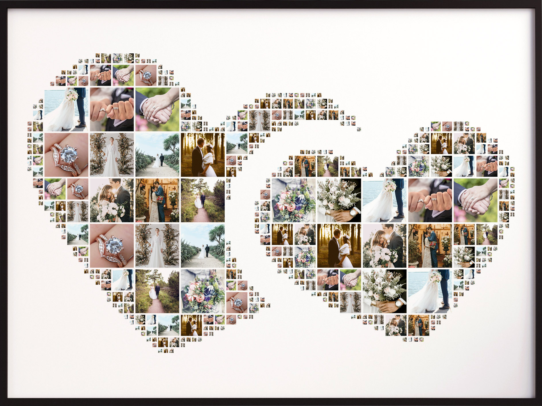 A romantic double hearts photo collage made from wedding and couple pictures.