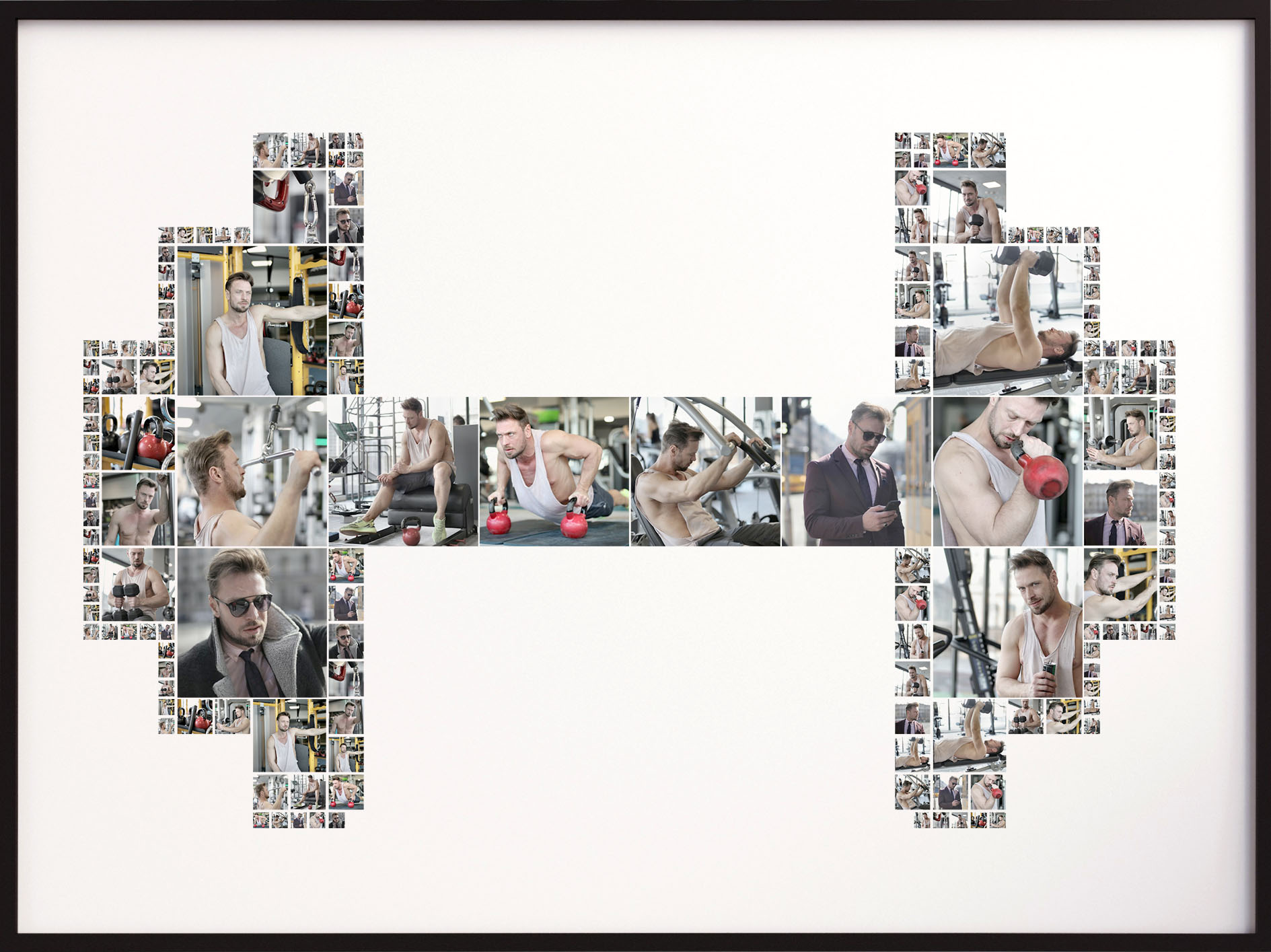 A photo montage in the shape of a dumbbell, filled with gym and fitness photos.