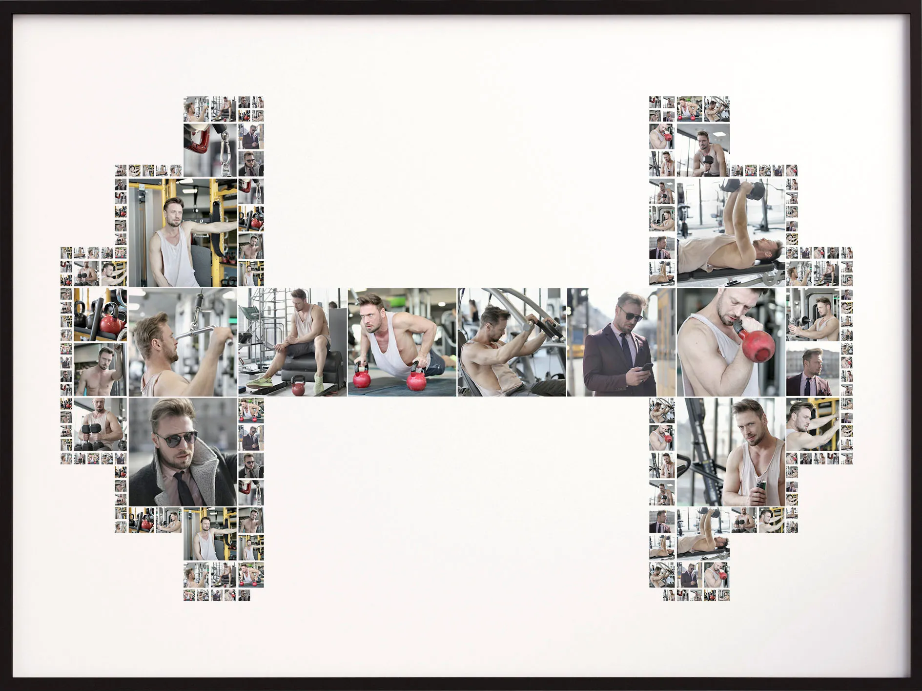 A photo montage in the shape of a dumbbell, filled with gym and fitness photos.