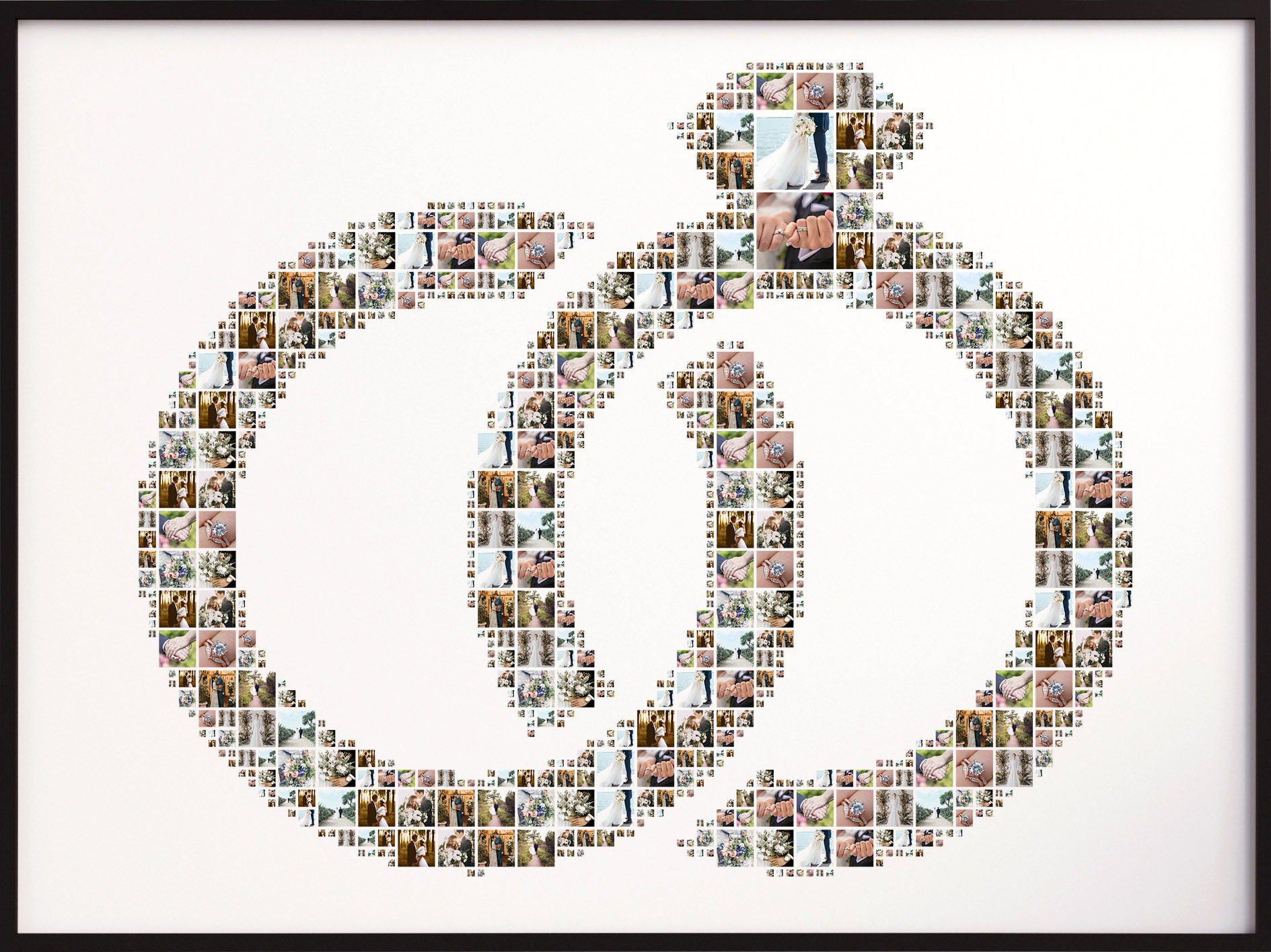 An engagement photo montage in the shape of two interlocking wedding rings.