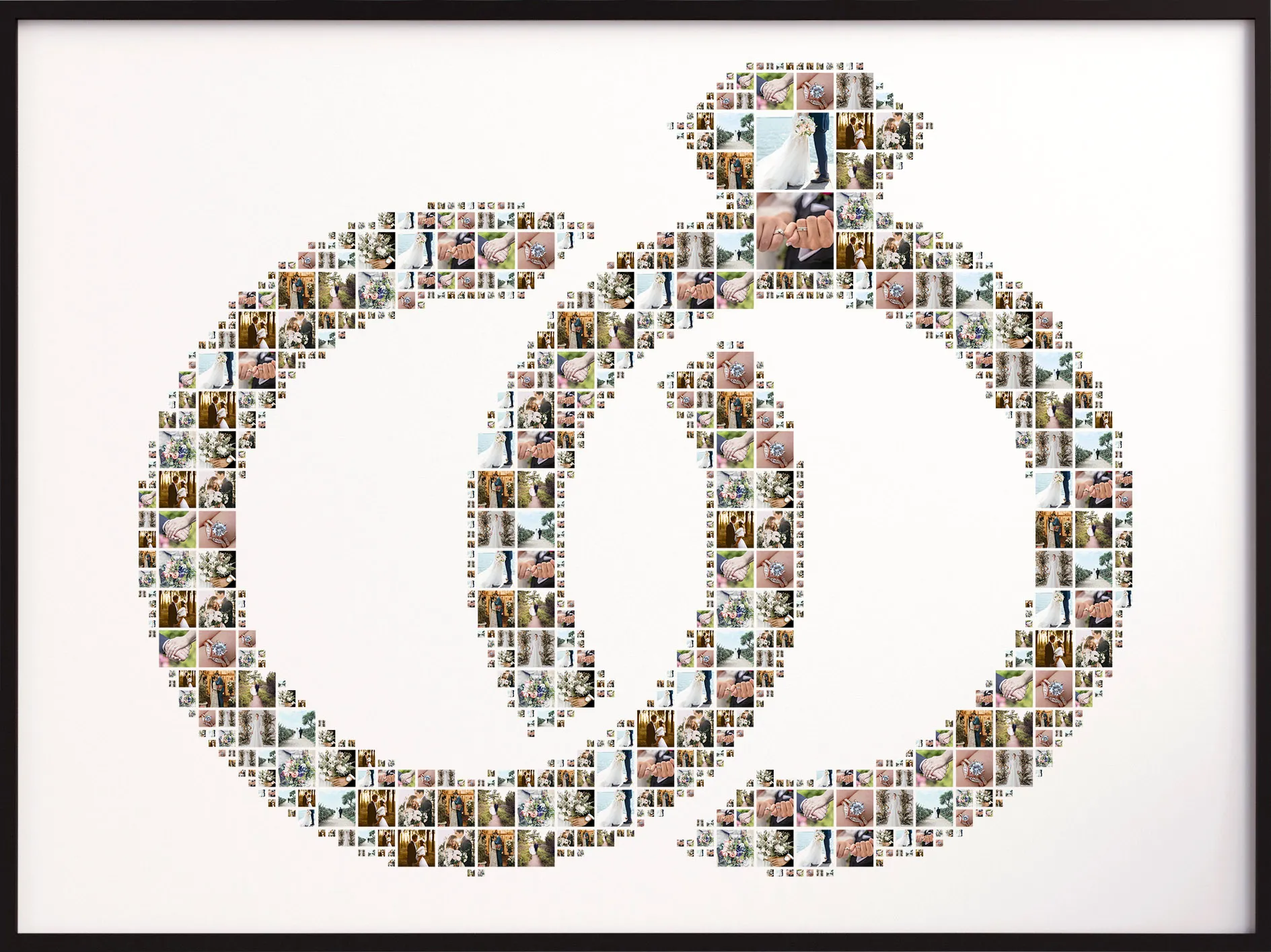 An engagement photo montage in the shape of two interlocking wedding rings.