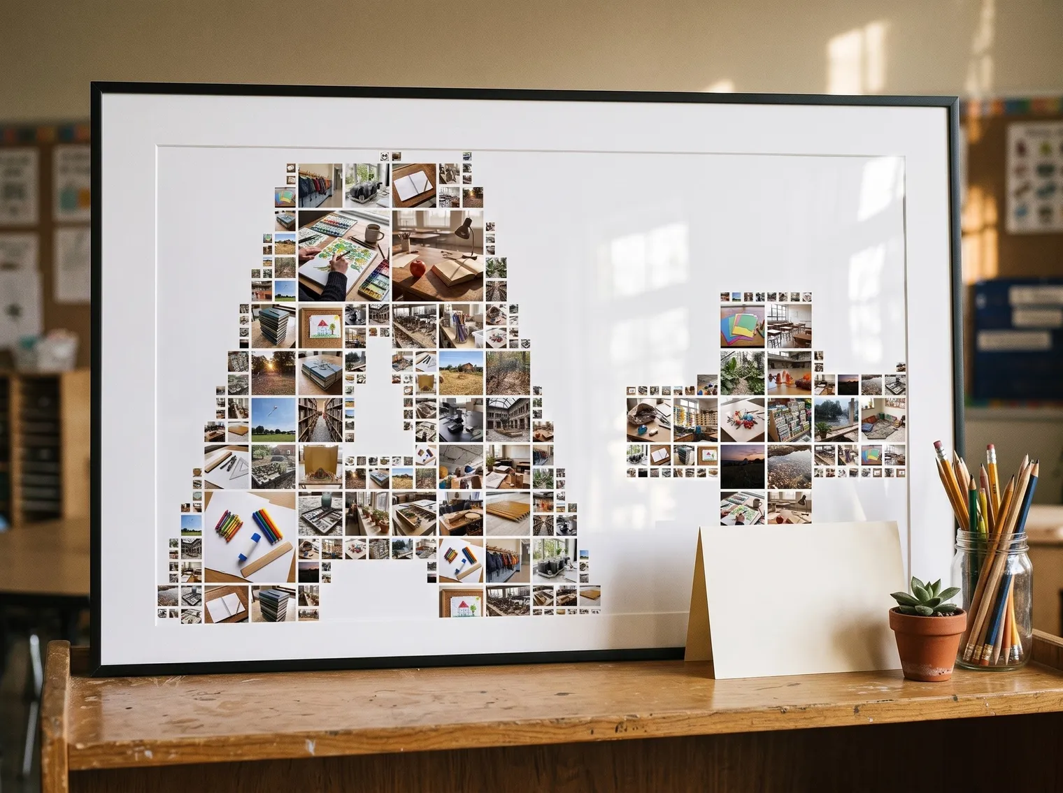 Framed A-plus photo collage leaning on a classroom shelf beside a blank thank-you card, a succulent and a jar of pencils