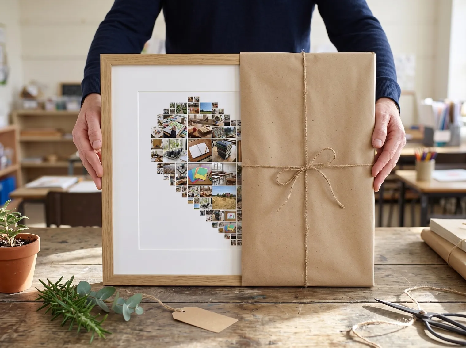 An adult in a navy jumper holding a framed heart photo collage half wrapped in kraft paper and twine