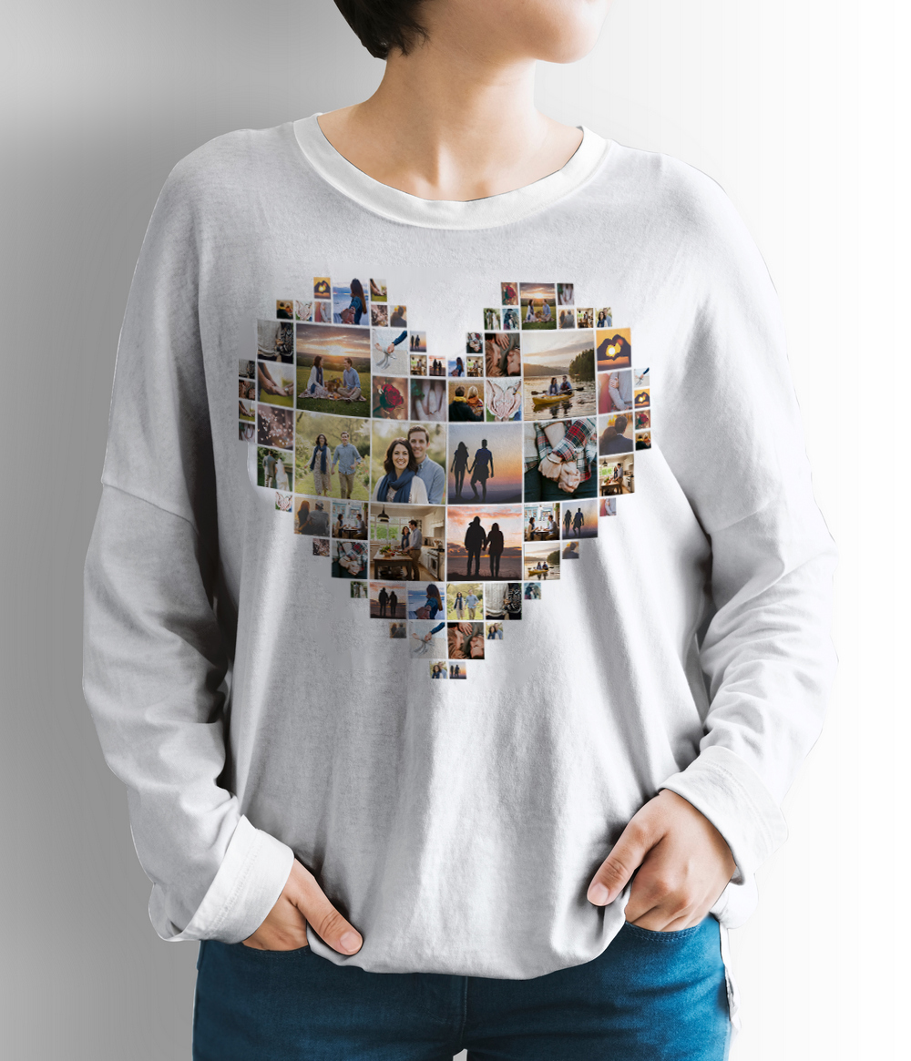 Custom heart-shaped photo collage printed on a T-shirt