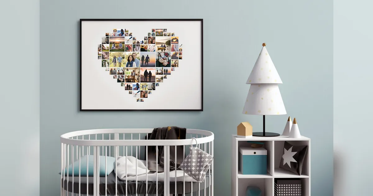 Framed heart-shaped picture collage displayed as a wall decoration