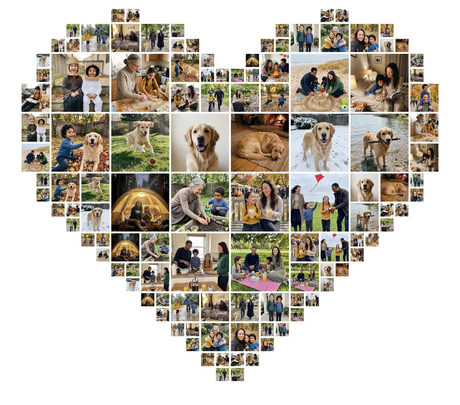 Heart-shaped collage made from 30 photos of a family with two kids, a grandmother and a golden retriever