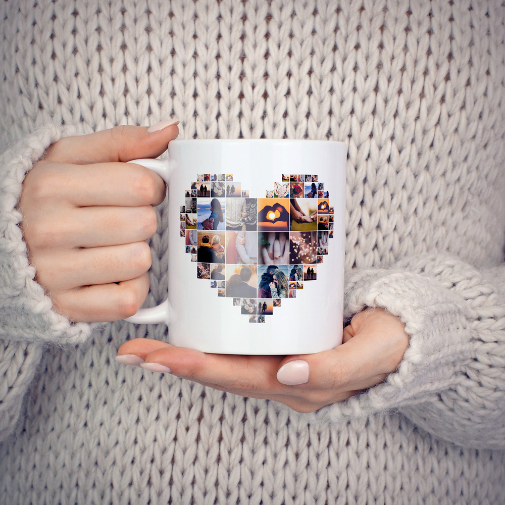 Custom coffee mug featuring a heart-shaped photo collage