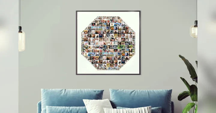 A large hexagon-shaped photo collage with over 100 photos, framed and hanging on a living room wall.