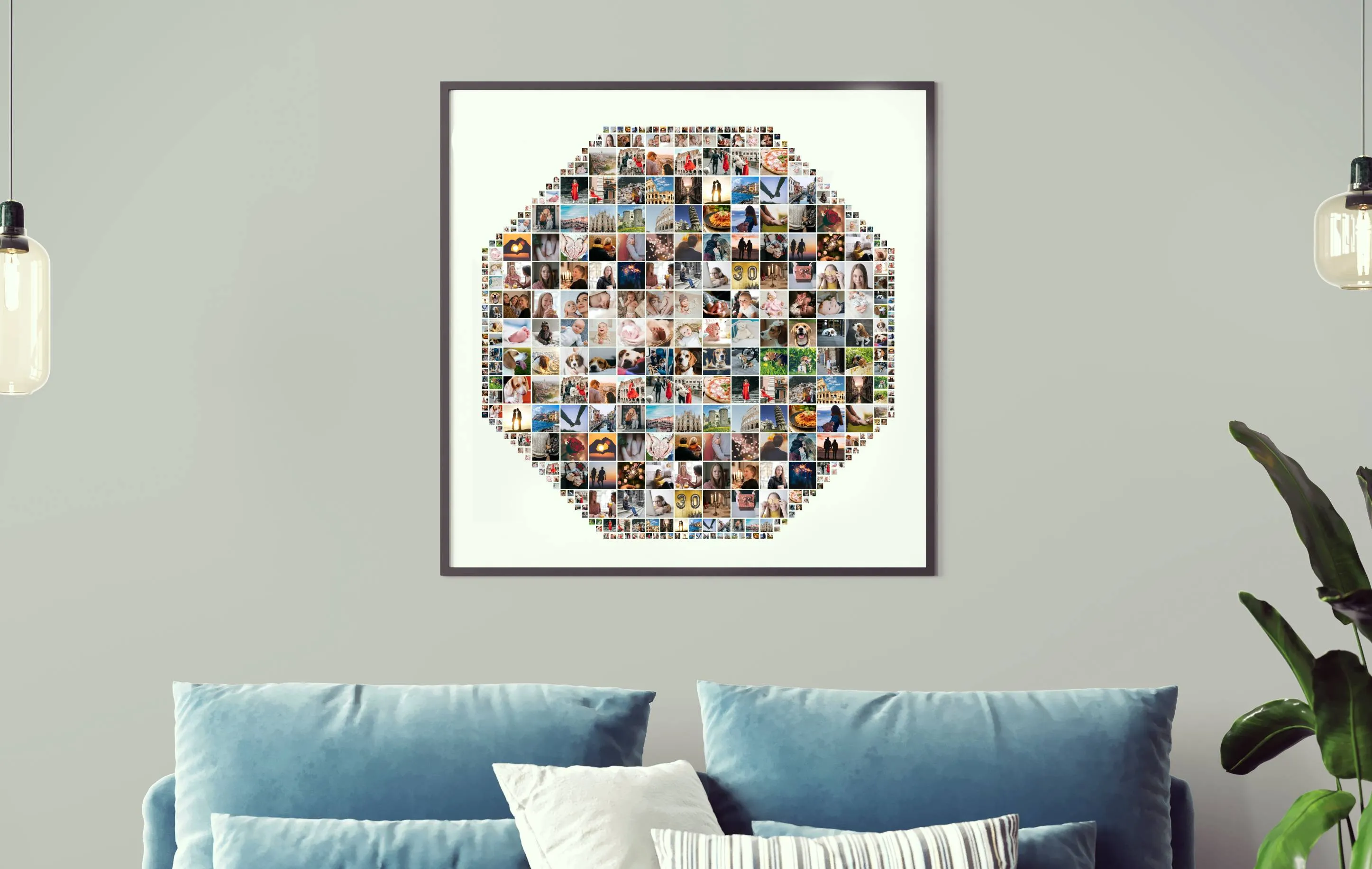 A large hexagon-shaped photo collage with over 100 photos, framed and hanging on a living room wall.