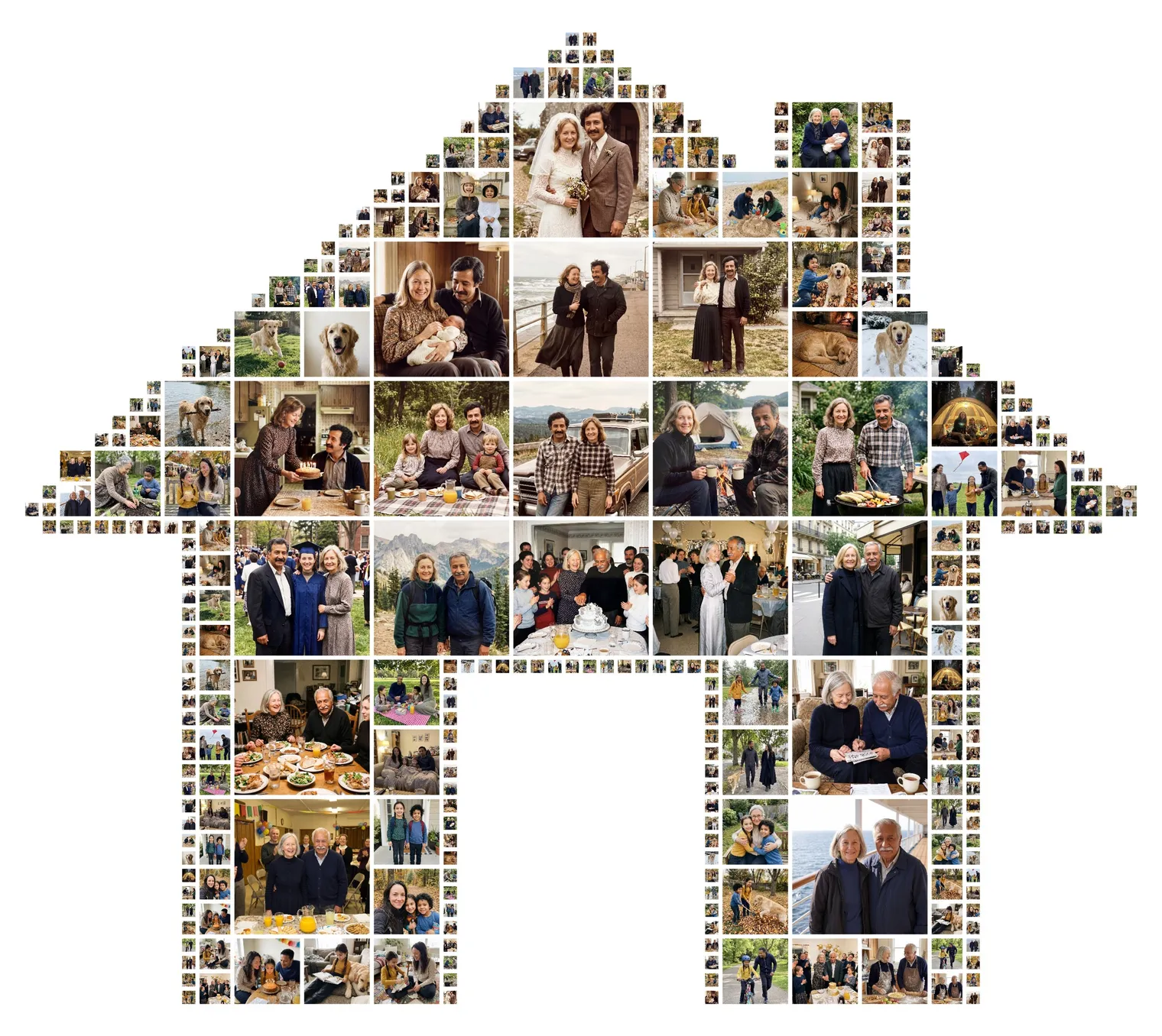 House-shaped photo collage made from 58 photos of two families