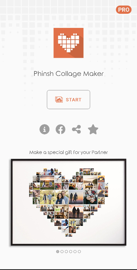 Phinsh app start screen to create a heart-shaped photo collage