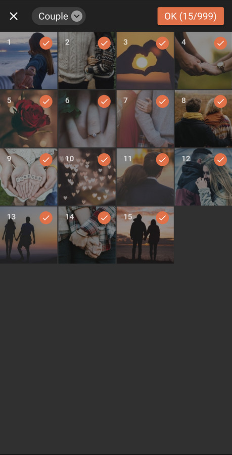 Selecting photos in the Phinsh app to create a heart collage