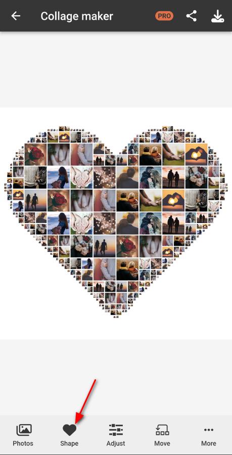 Automatically generated heart-shaped collage preview in Phinsh app