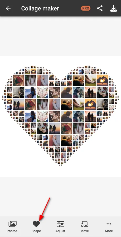 Automatically generated heart-shaped collage preview in Phinsh app