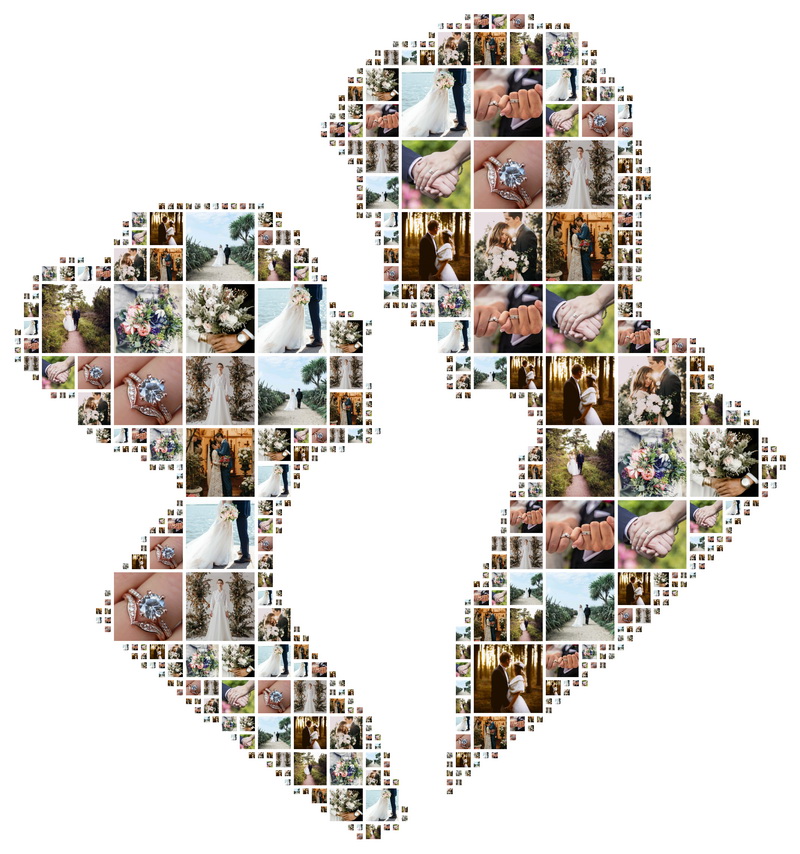 A creative shape collage of a couple, made from many small wedding photos, created with Phinsh.