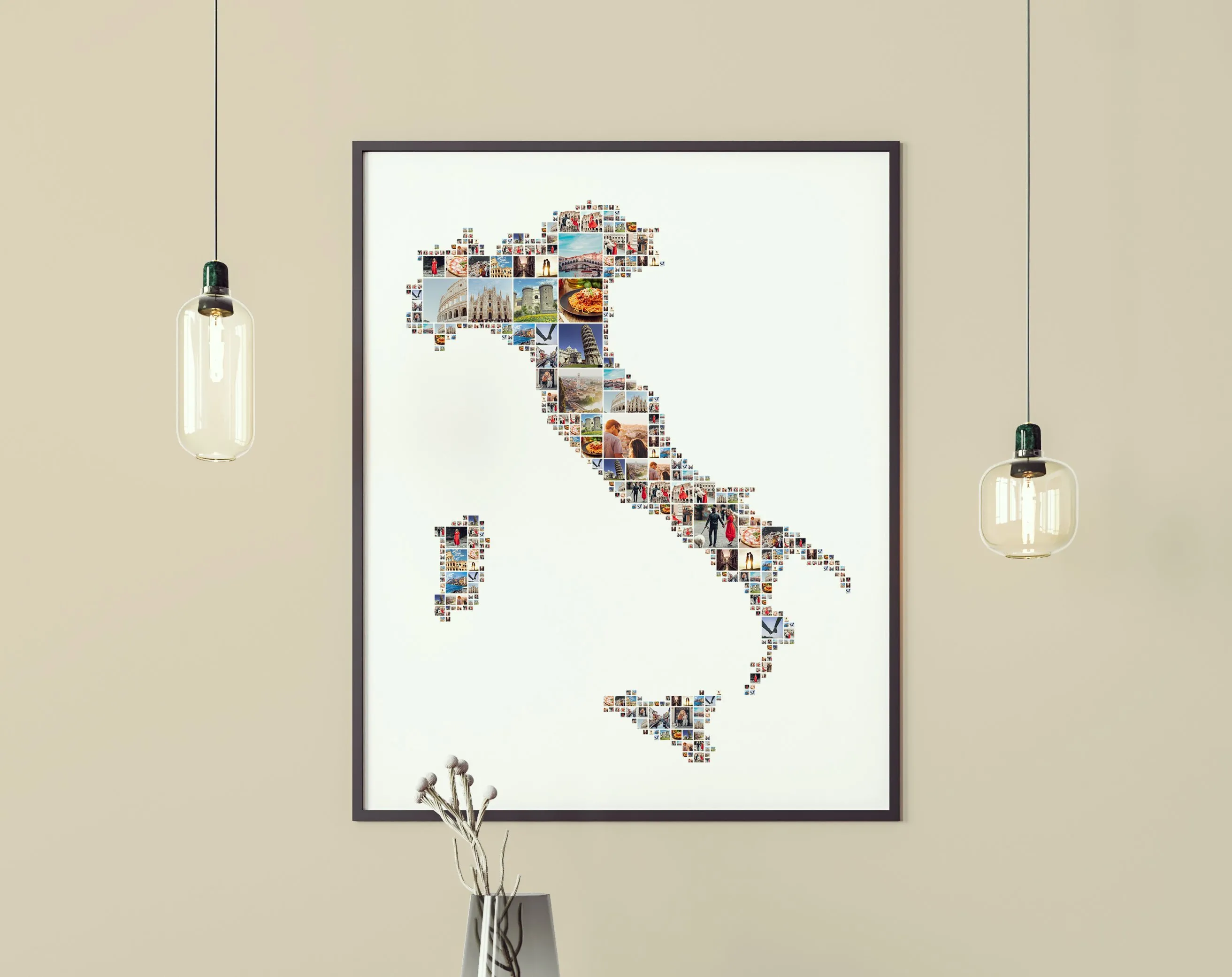 A framed photo collage print of the map of Italy, made from many small pictures, hanging as wall art in a stylish room.