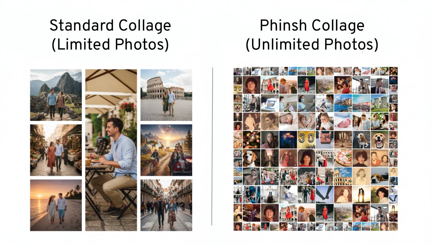 Comparison showing a standard collage with few photos versus a Phinsh collage with unlimited photos.