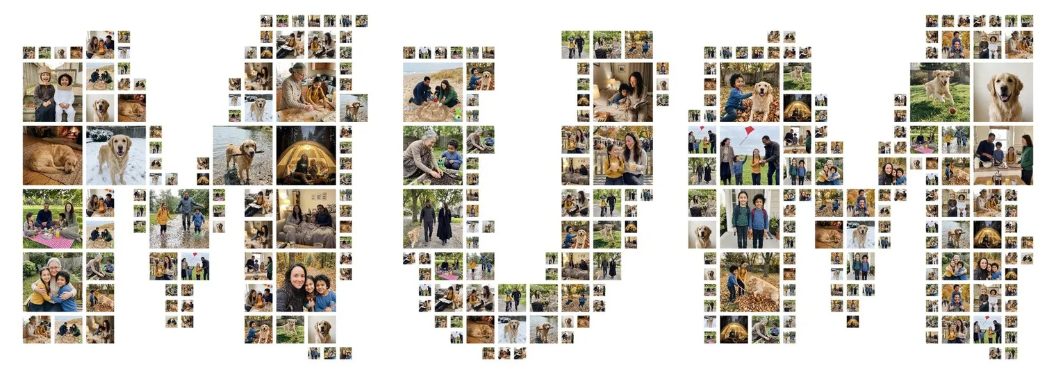 The word MUM spelled in letters filled with family photos, a gift for mum