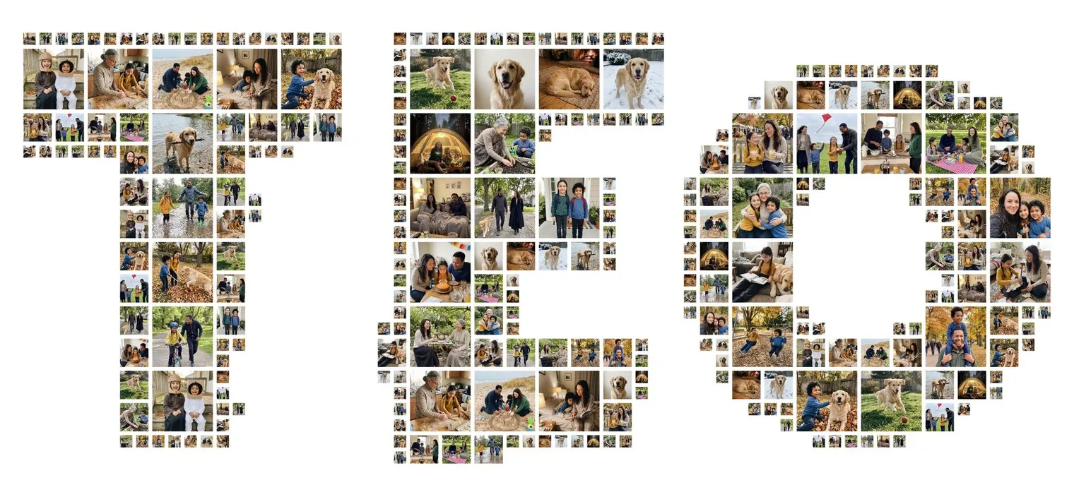 The name TEO spelled in letters filled with family photos