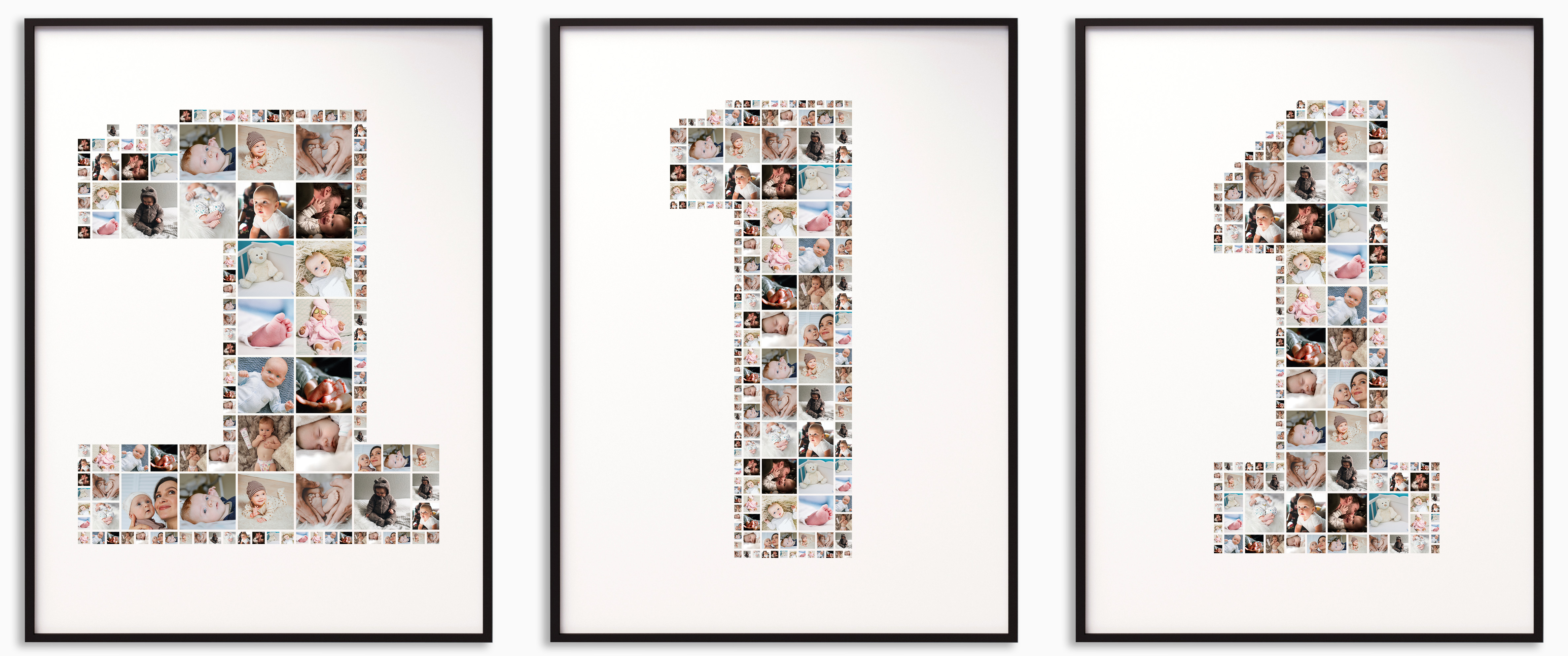 Three examples of a number 1 photo collage, each using a different font to show creative variety.