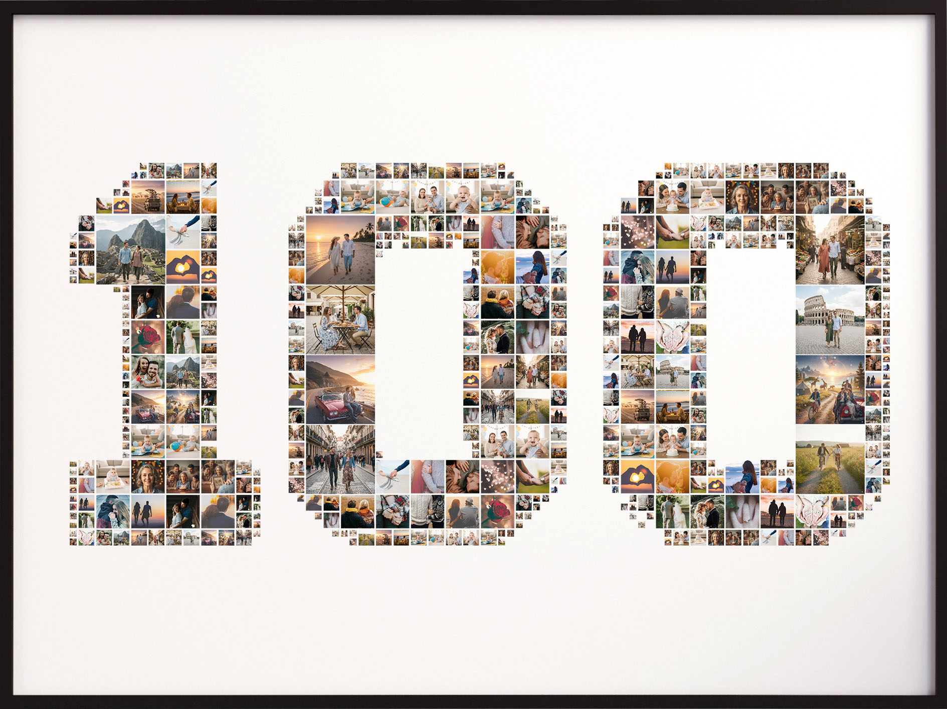 A number 100 photo collage in a frame, perfect for a centennial celebration or 100th birthday.