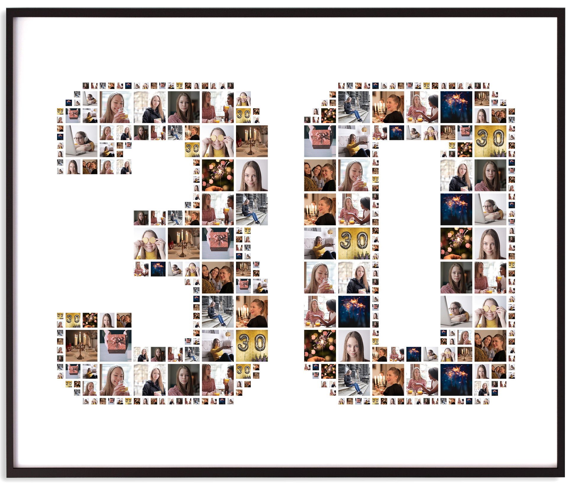 A sparse number 30 photo collage with fewer, larger photos.