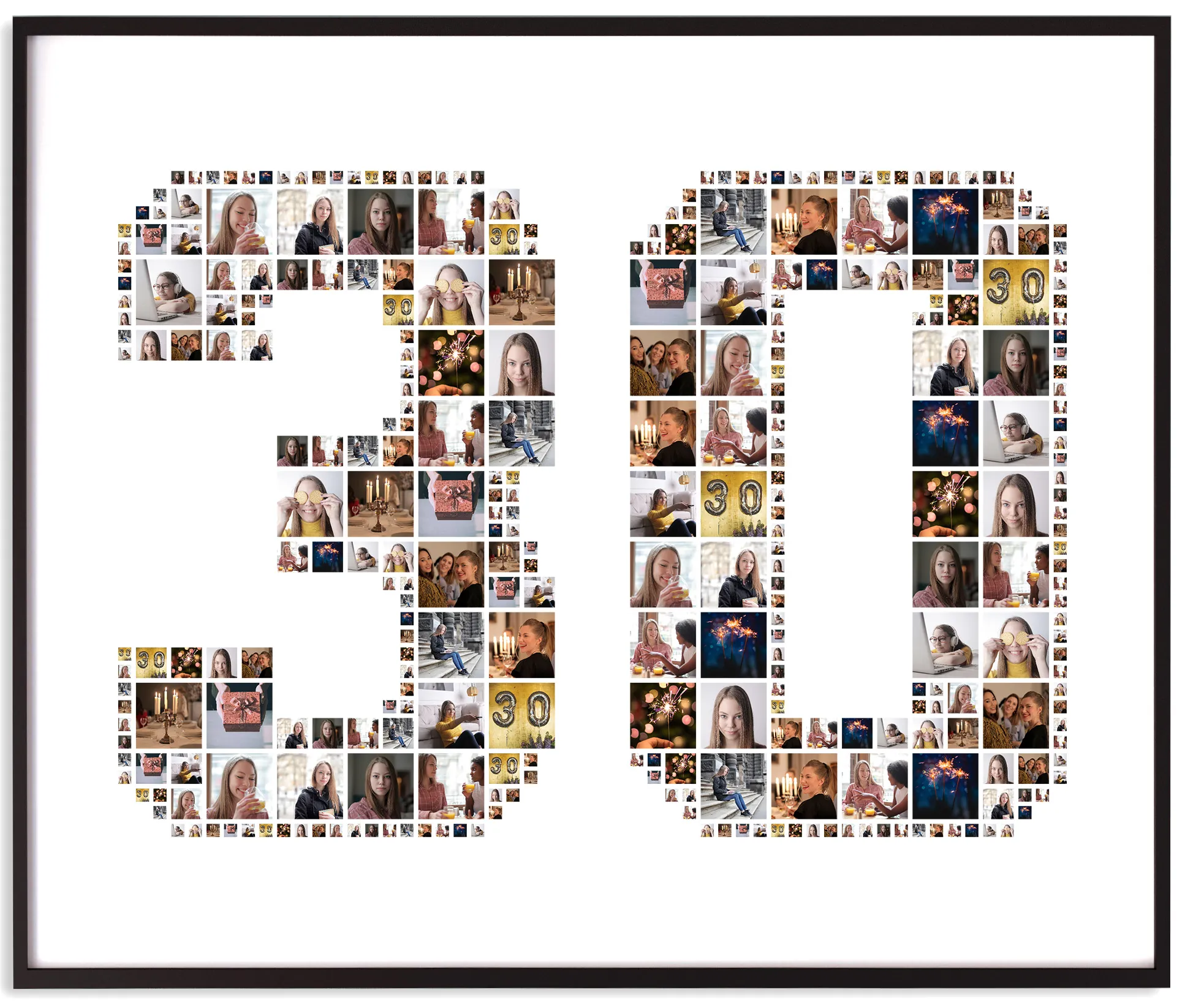 A sparse number 30 photo collage with fewer, larger photos.