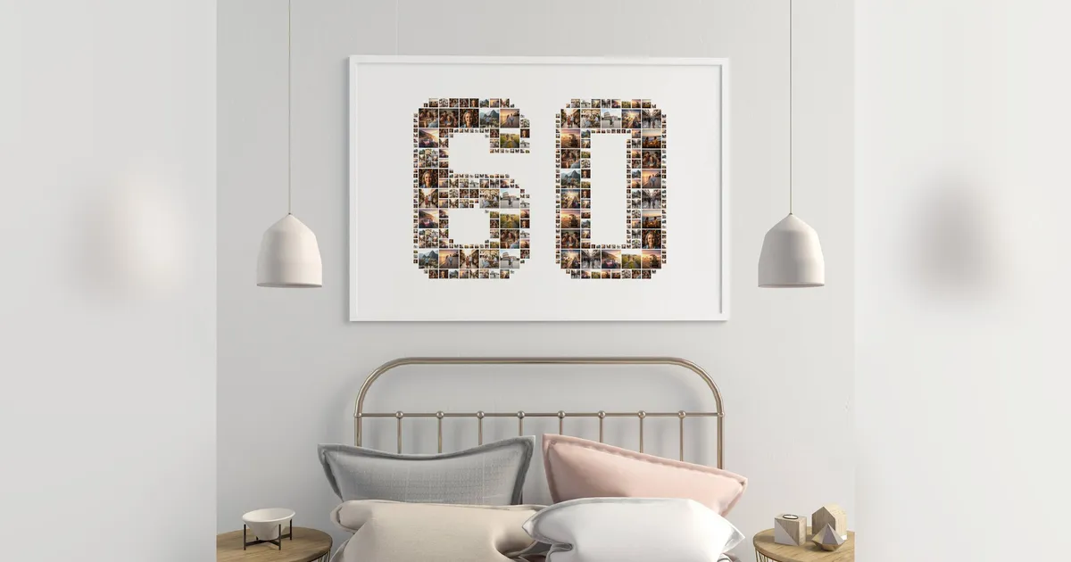 A framed number 60 photo collage hanging on a bedroom wall, serving as a personalized birthday gift.
