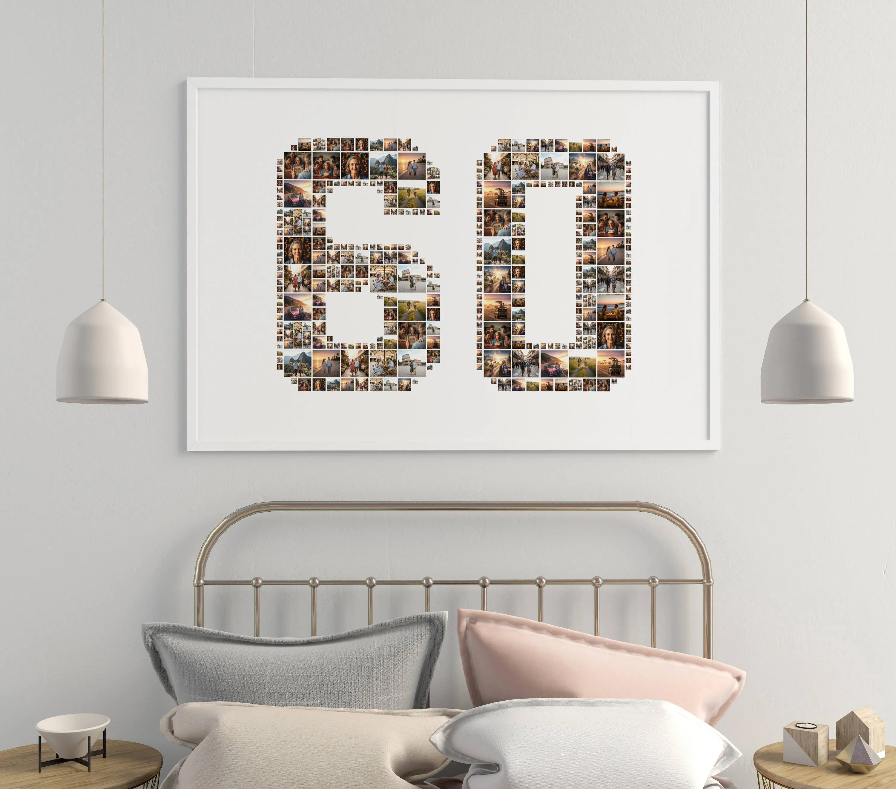 A framed number 60 photo collage hanging on a bedroom wall, serving as a personalized birthday gift.