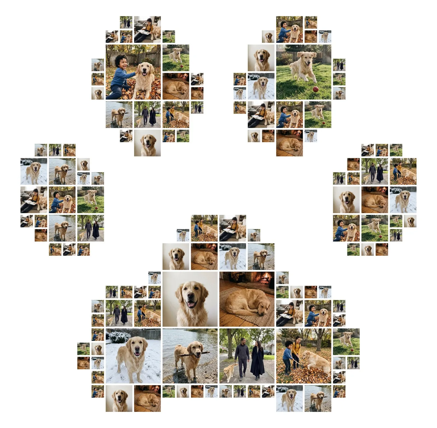 Paw-print-shaped collage of photos of a golden retriever