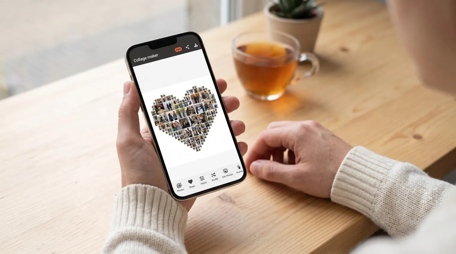 Person holding an iPhone that shows the Phinsh collage maker with a heart-shaped photo collage of a couple and the Photos, Shape, Adjust and Shuffle toolbar