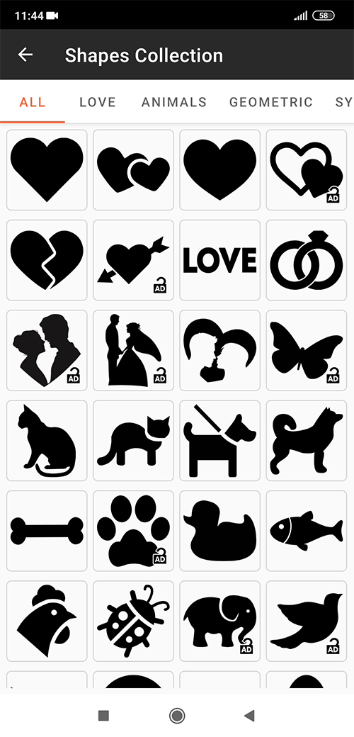 Choosing a shape, like a heart, for a wedding photo collage in the Phinsh app.