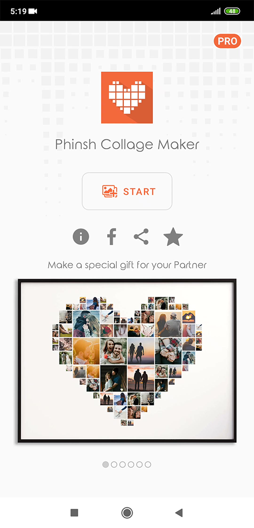 Screenshot of the Phinsh Collage Maker app home screen to start a new photo montage.