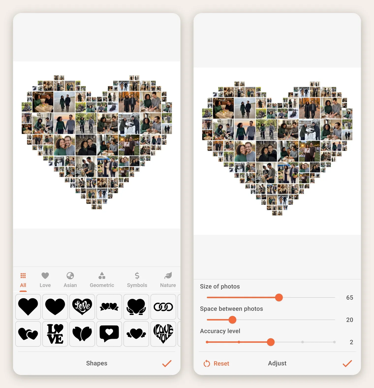 Phinsh Shape panel with heart shapes next to the Adjust panel with three sliders